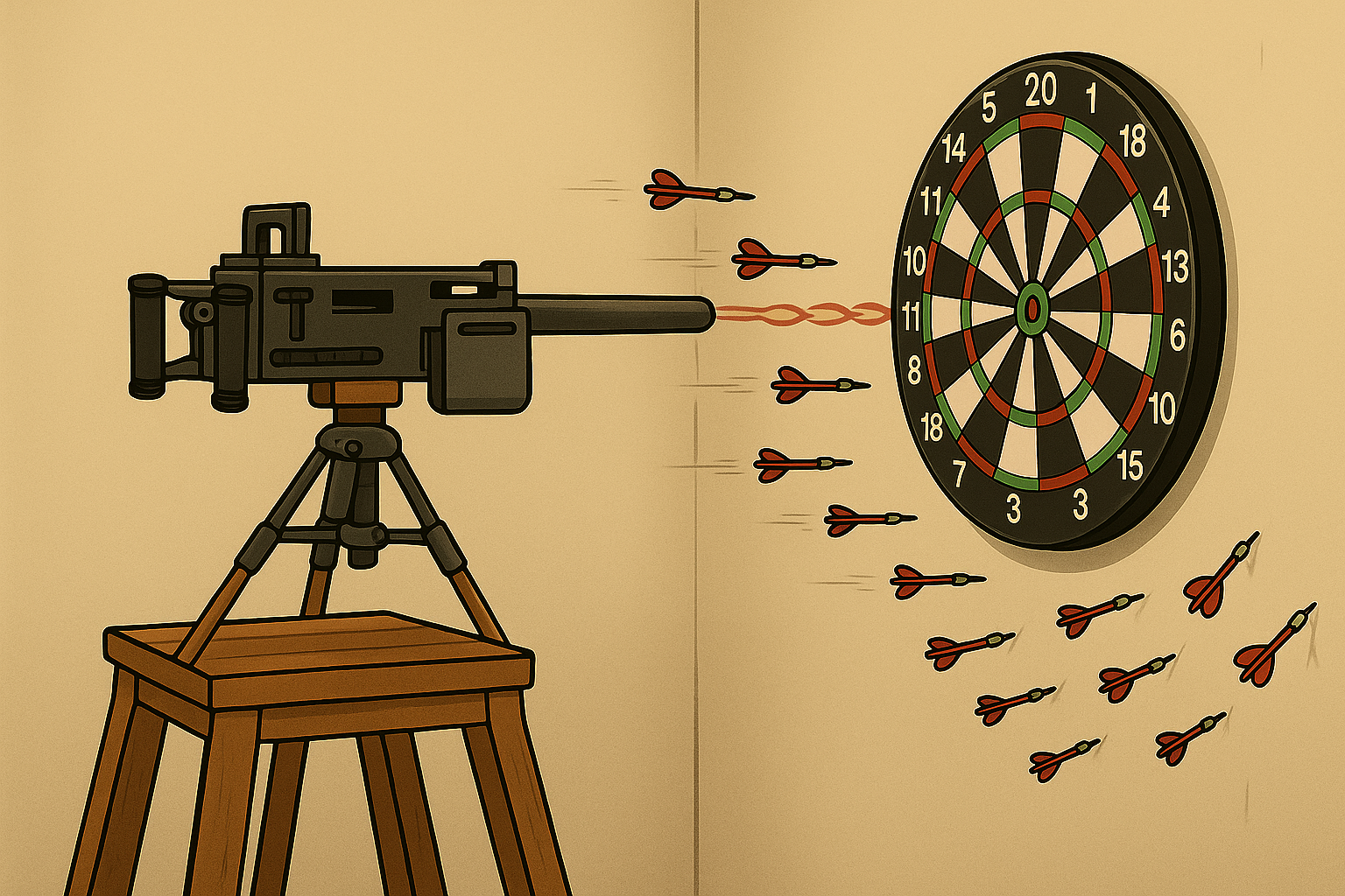 A dartboard riddled like it was hit with a machine gun, emphasizing rapid-fire adjustments